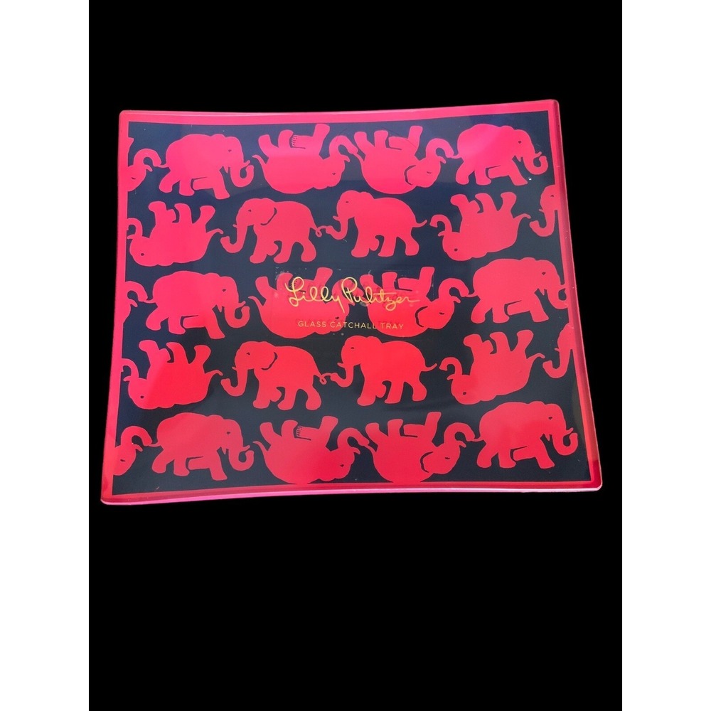 Lilly Pulitzer Pink Blue Elephant Glass Trinket Tray Tusk In Sun  6.5" X  7.5"